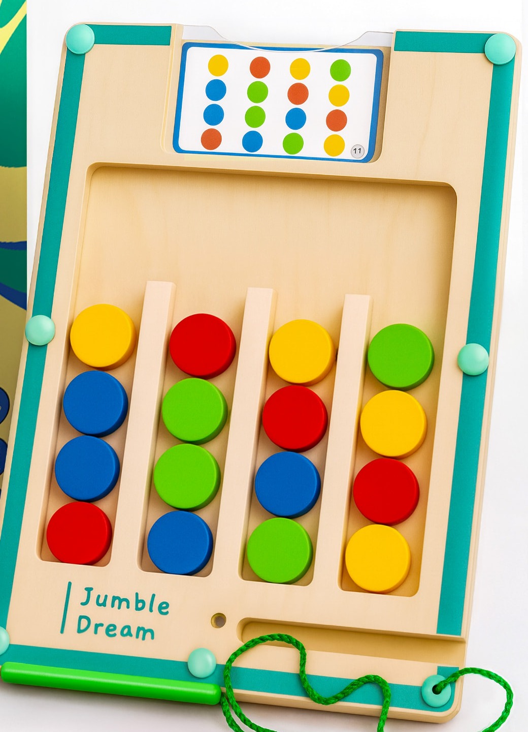 Jumble Puzzle wooden magnetic board with coloured discs, pattern card and green magnetic wand