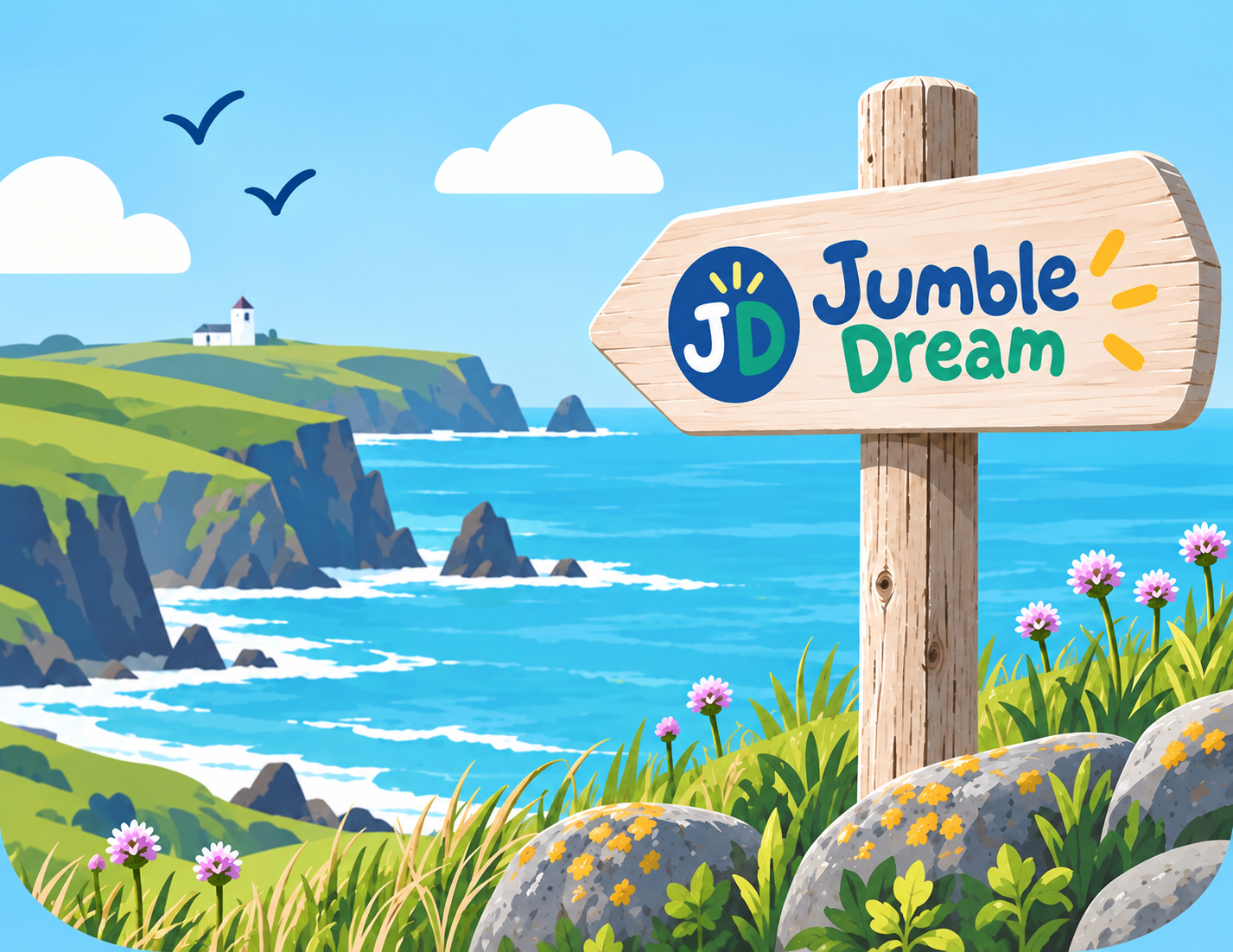 Jumble Dream signpost on a Cornish clifftop overlooking the sea