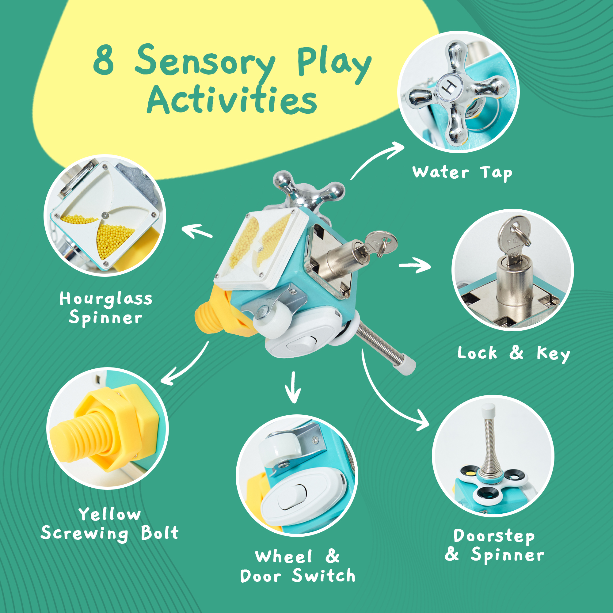 Jumble Cube showing its tap, lock and key, hourglass spinner, screw bolt, wheel, door switch, spring and spinner activities