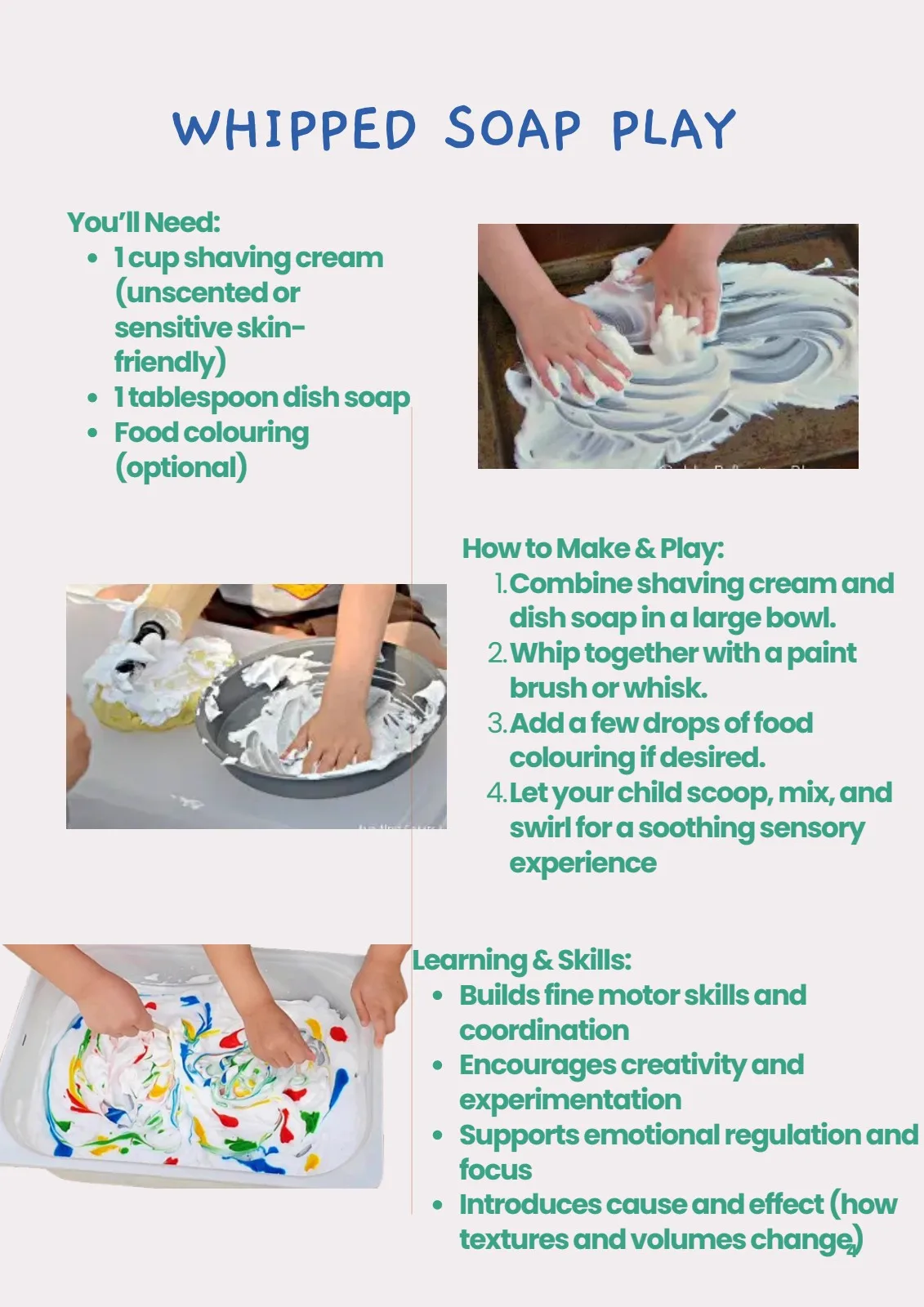Fluffy whipped soap foam swirled with colour in a sensory bowl