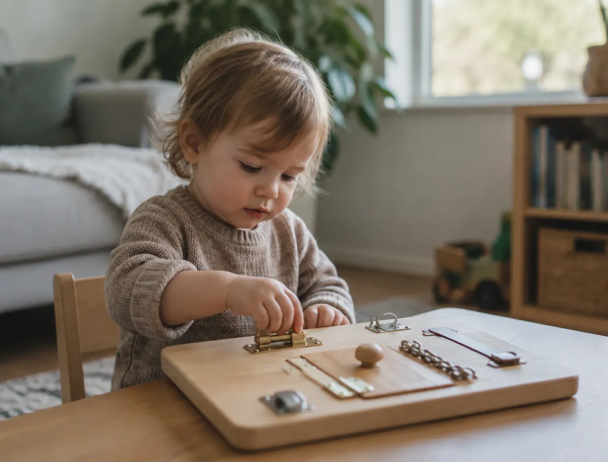 Toddler concentrating on a wooden Montessori activity board
