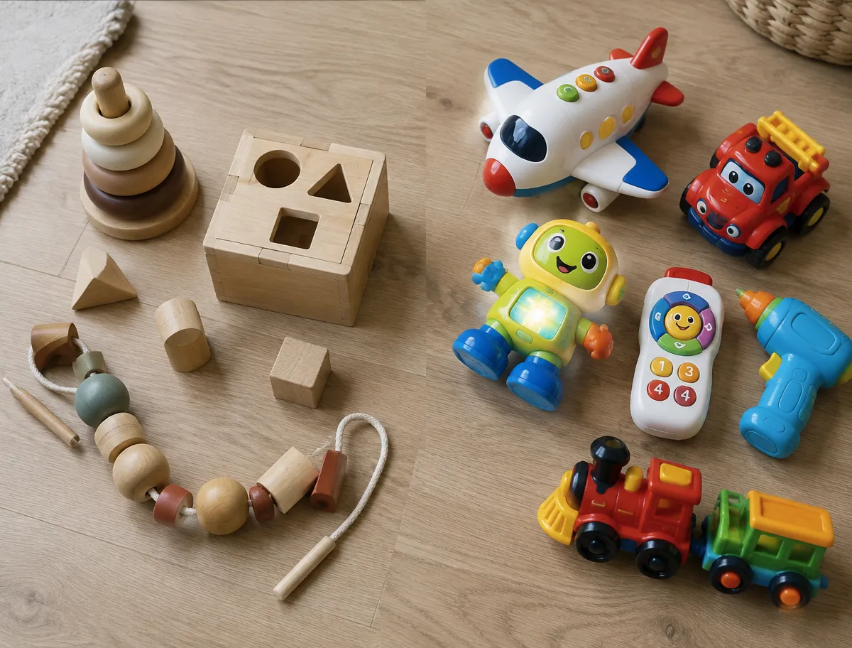 Natural wooden Montessori toys laid out beside brightly coloured plastic toys