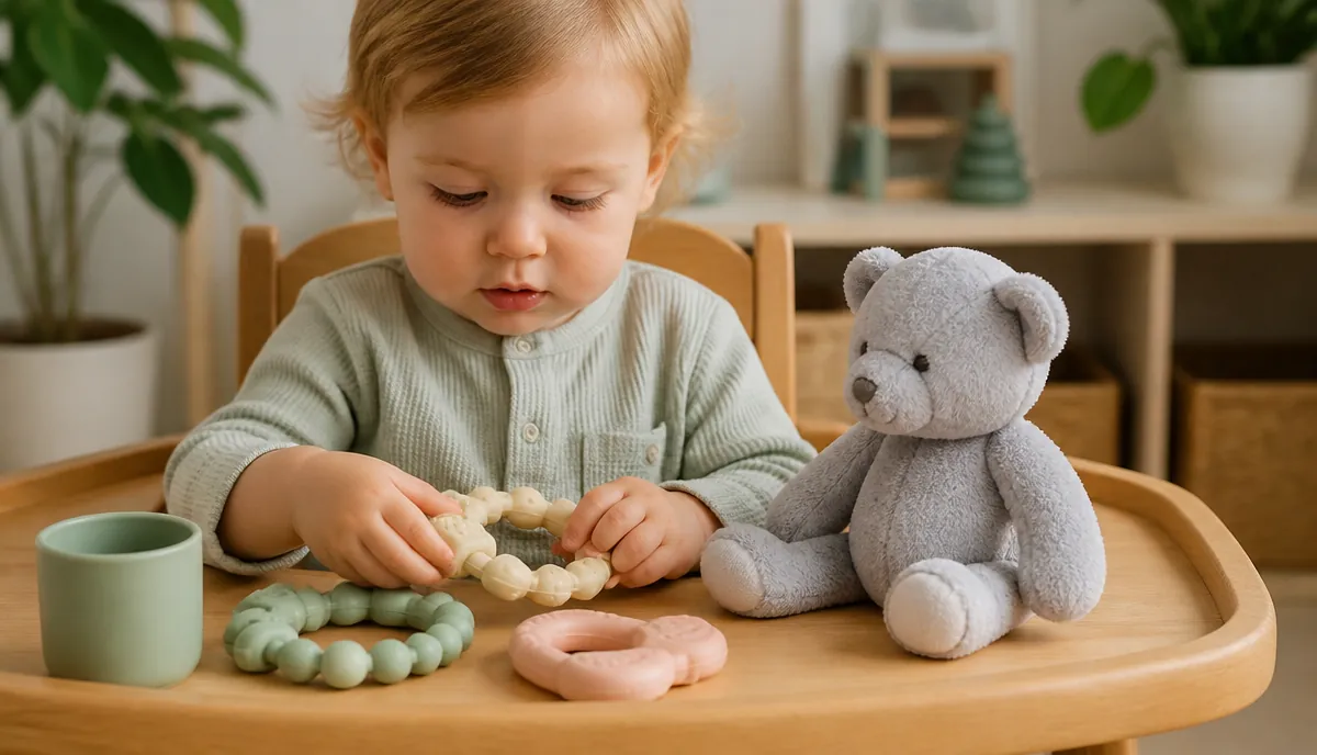 Toddler exploring pastel silicone teethers and a weighted grey teddy bear on a wooden tray