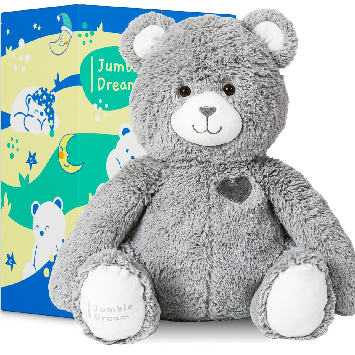 Jumble Bear weighted teddy beside its illustrated Jumble Dream gift box
