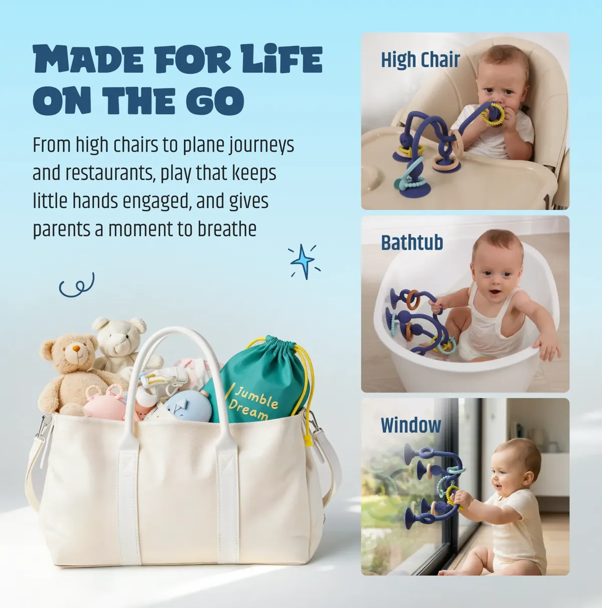 Jumble Jangle suction teether used on a high chair, in the bath and on a window