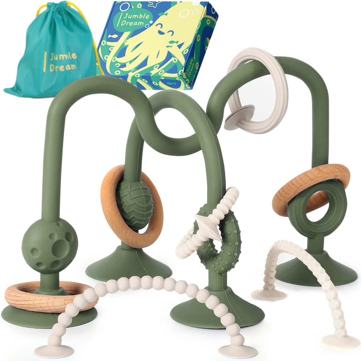 Jumble Jangle suction teether and sensory toy in Olive Sage green