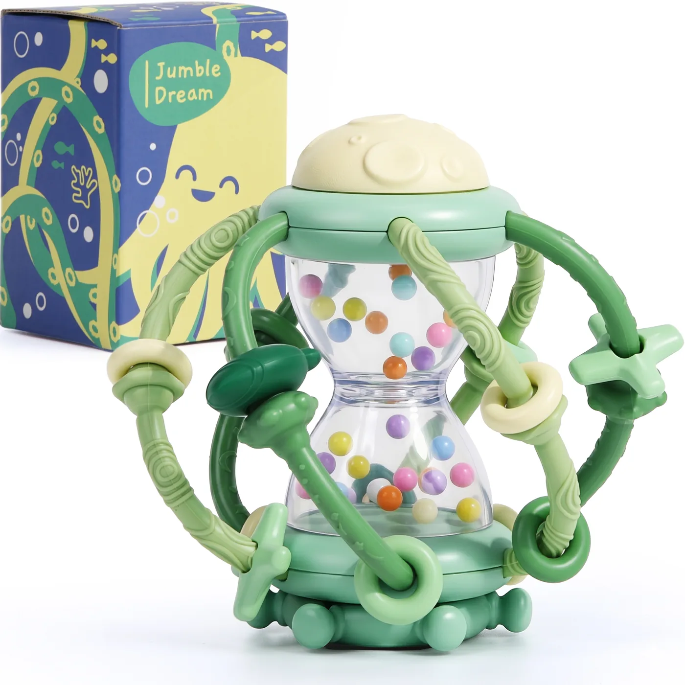 Jumble Jiggle silicone baby teether and rattle in Mossy Dream
