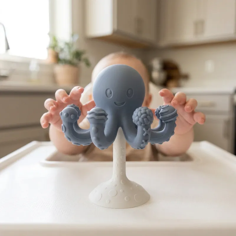 Jumble Waggle silicone octopus suction teether and rattle in four calm colourways