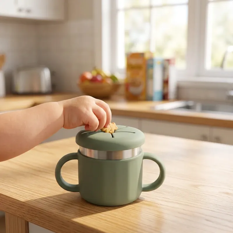 Jumble Snack Cup stainless steel snack pot with silicone petal lid and grip handles